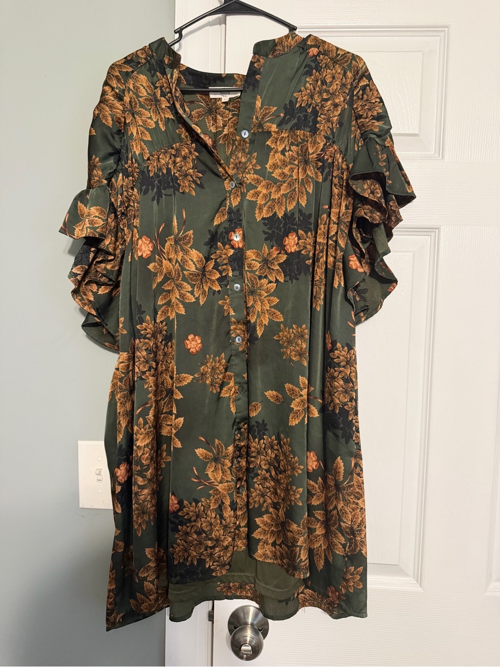 entro Olive Green and Brown Floral Midi Dress with Ruffle Sleeves